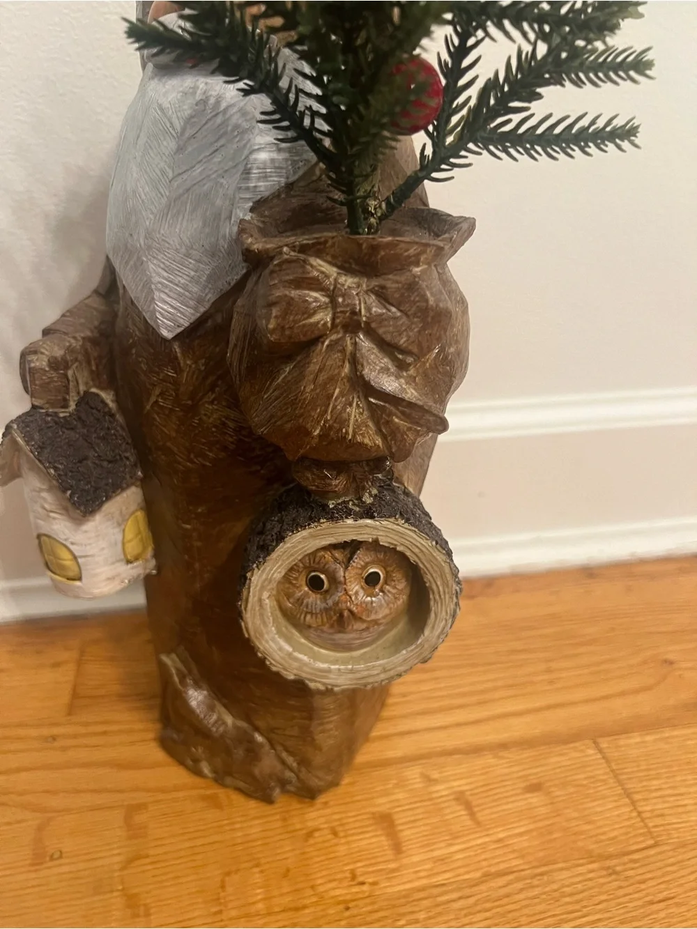 Rustic Brown Santa Figure Holiday Decor with Green Tree & owl